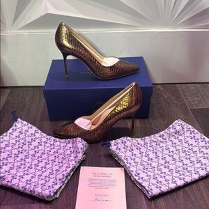 Sarah Flint Sequel Perfect Pump 85 Gold Snake Embossed Leather Heel Size 8.5